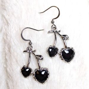 Heart Shaped Black Crystal Cherries Silver Charm on a Stainless Steel Earrings